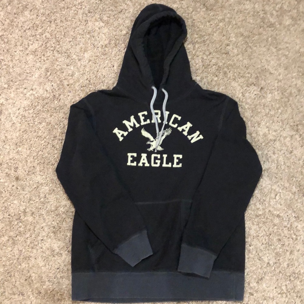 Men’s Black American Eagle Hoodie Sweatshirt LG